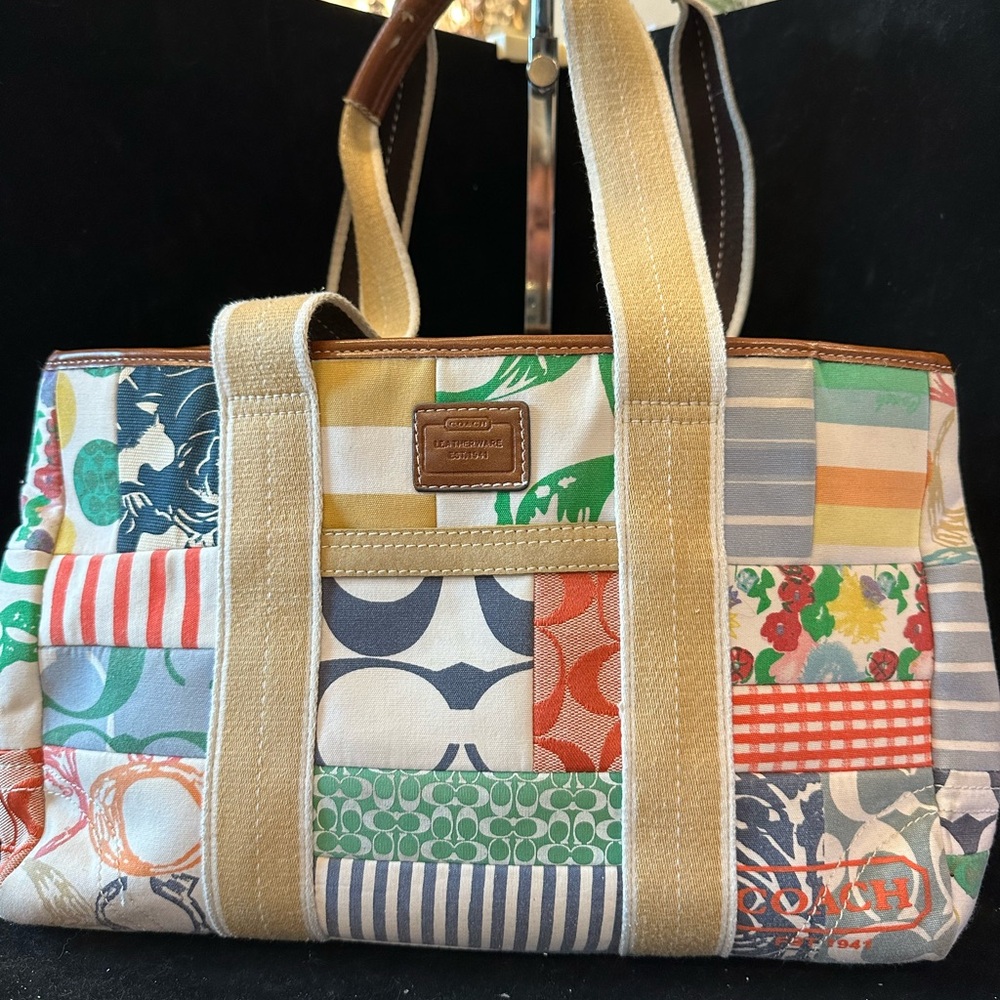 Coach Hampton 2006 Patchwork Canvas Tote in Multicolor with Tan Straps Vintage